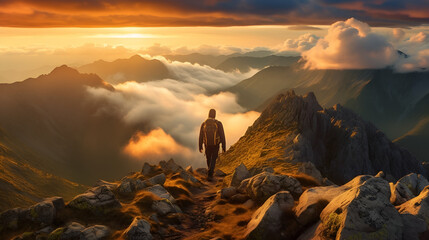 Summit Serenity: Hiker's Backview Amidst Sunset's Glow and Snowy Peaks, generative ai 