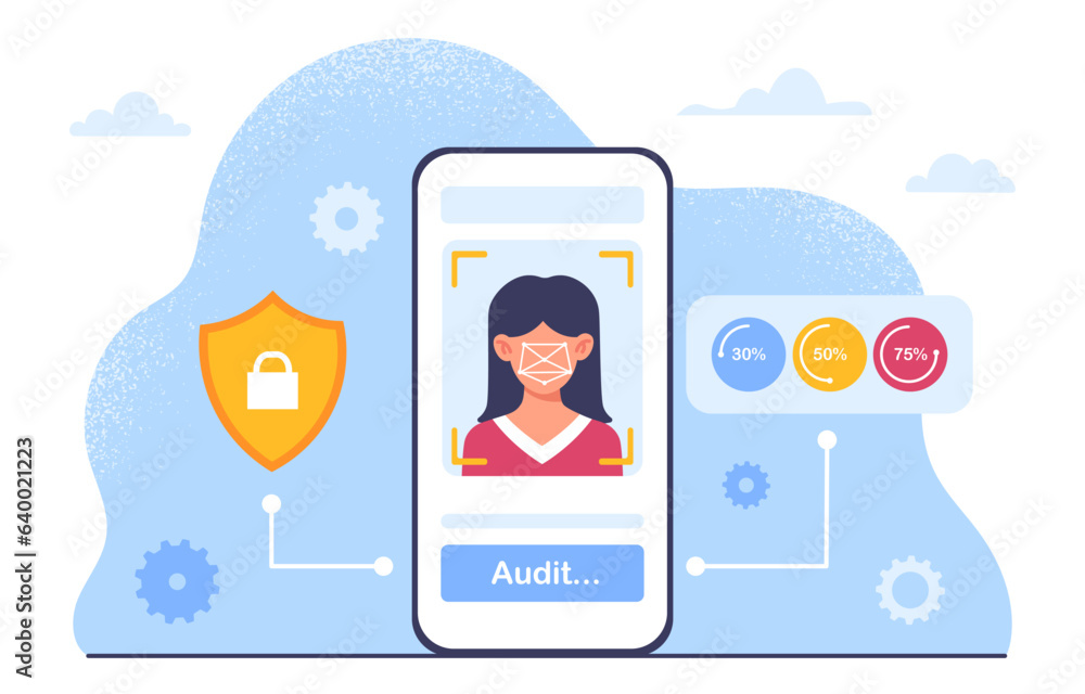 Poster face recognition technology concept. account and profile security system on website and in social ne