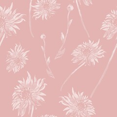 Fototapeta na wymiar Nude colors floral liberty seamless pattern with isolated flowers in full bloom. Hand drawn flowers blossom in freehand in boho style. Package, textile, wallpaper, fabric, bedding.