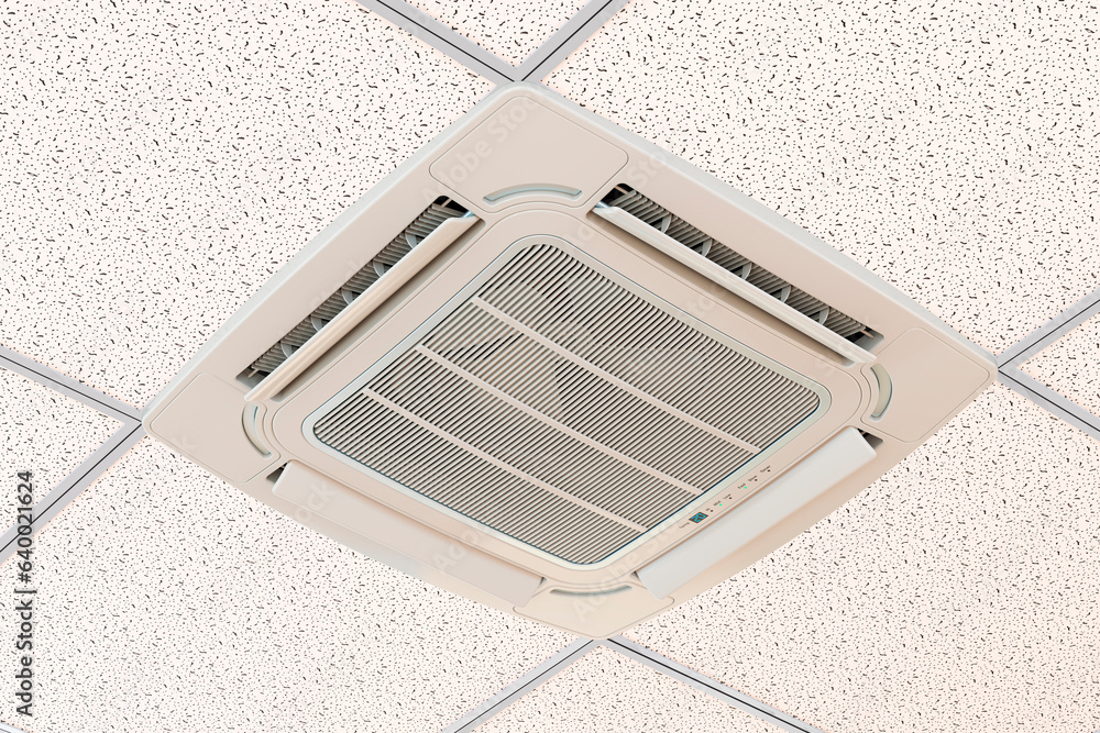 Poster ceiling cassette unit, indoor unit of air condition installed in the ceiling. 3d rendering