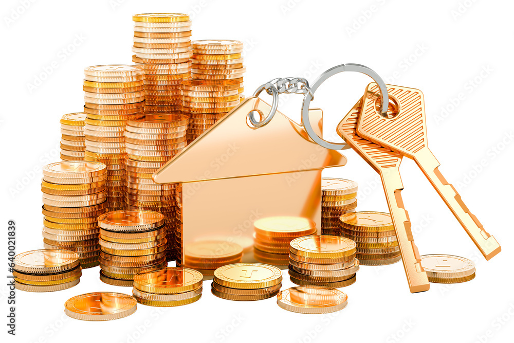 Poster home key with keychain and golden coins, 3d rendering isolated on transparent background
