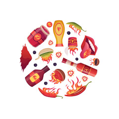 Hot species in circles. round shapes background with chilli spices and fire