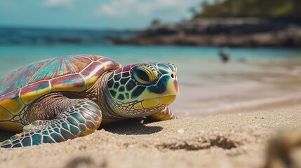 Fototapeta na wymiar Beautiful sea turtle leaving the ocean for the beach. The turtle lays eggs in the clean sandy beach. Tortoise nesting. Female tortoise laying eggs. Copy space.