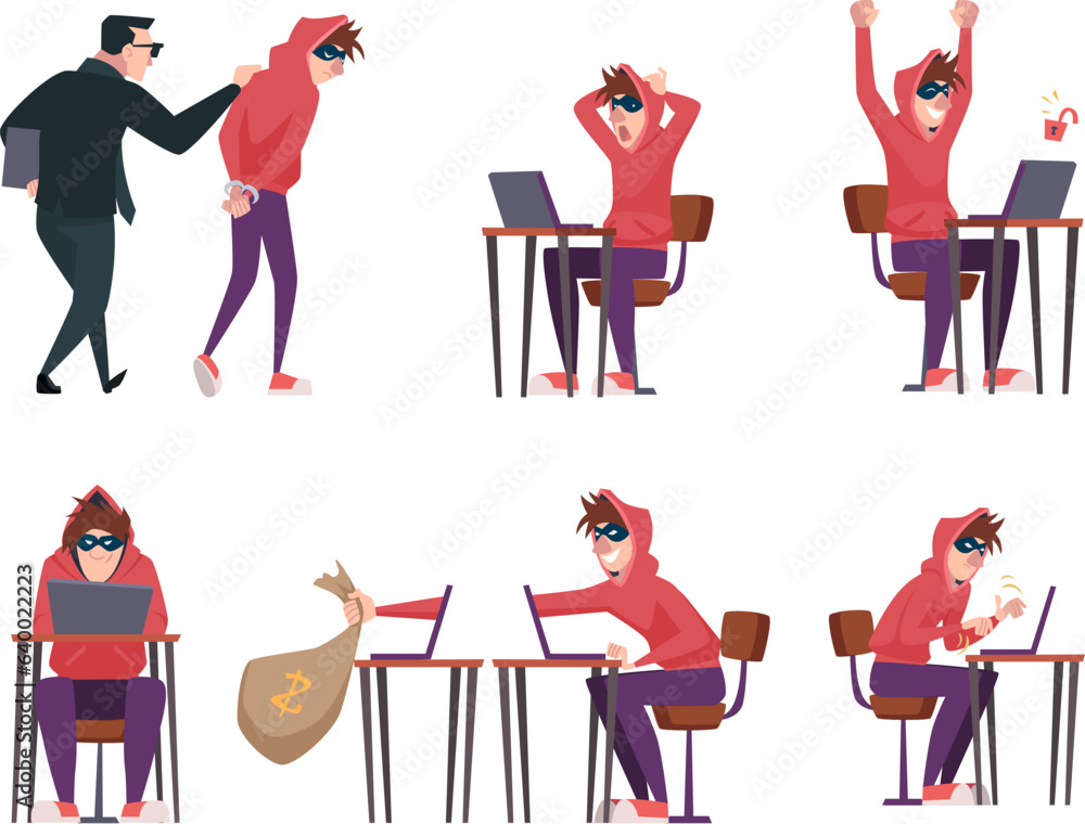 Poster hacker. personal data hacking character with laptop exact vector masked online thief hacker