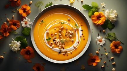 Creamy pumpkin soup in a bowl for dinner. Yellow orange with some cream. - Generative AI - obrazy, fototapety, plakaty