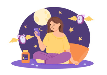 Woman with insomnia concept. Young girl sitting at bed with smartphone. Problem with melatonin and hormones. Mental health and psychological disorder. Cartoon flat vector illustration