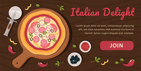 Italian Delight poster concept. Top view at pizza, traditional italian cuisine. Landing page design. Dessert and delicacy. Advertising for cafe or restaurant. Cartoon flat vector illustration