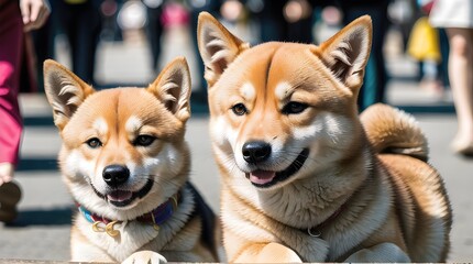 Cute shiba inus on a busy street during a festival