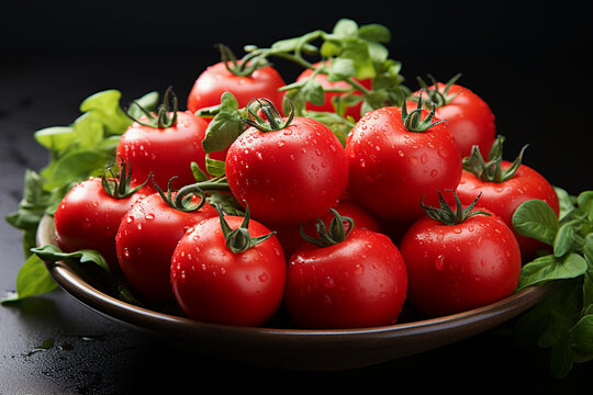 I'd like the fascination of this stunning picture of a bounty of plump, colorful tomatoes on a rustic wooden tray. Brilliant reds explode on a clean white backdrop, expressing freshness and vibrancy.