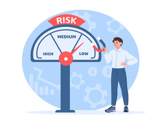 Man with risk meter concept. Young guy with magnet near gauge. Businessman and investor analyzes deal. Financial literacy and analytics. Investing and trading. Cartoon flat vector illustration