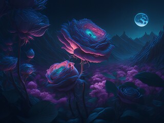 An otherworldly fantasy landscape where gigantic bioluminescent roses illuminate the night.