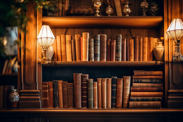 Obraz na płótnie Canvas An intricate wooden bookshelf filled with assorted books, shot in a cozy home library, warm ambient light