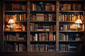 An intricate wooden bookshelf filled with assorted books, shot in a cozy home library, warm ambient light