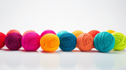 colorful yarn balls made from recycled materials, white background, bright studio lighting