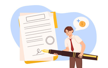 Man with document concept. Young guy with big pencil or pen make signature. Agreement and deal, legal support and contract. Collaboration and cooperation. Cartoon flat vector illustration