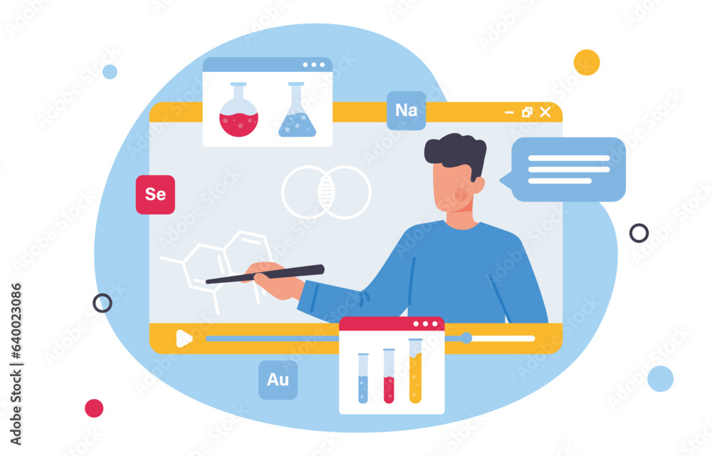 Poster online video chemistry lesson concept. man with pointer at distance lecture. teacher at webinar. kno