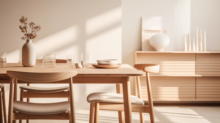 Fototapeta na wymiar a handmade wooden dining table set, Scandinavian design, set in a minimalistic dining room, soft morning light illuminating the room