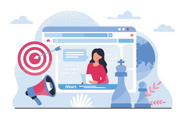 Online news anchor concept. Knowledge and information. Woman with lists in hands near chess pieces. TV shov and program. Young girl with breaking news. Cartoon flat vector illustration