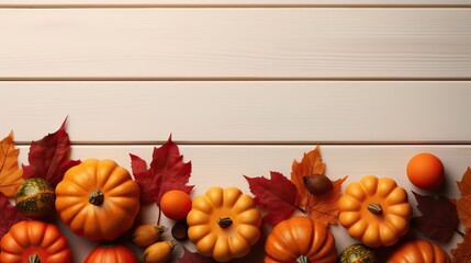 Festive autumn decor from pumpkins, leaves and lights on background