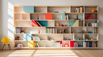 Modern DIY project: a vibrant, geometrical bookshelf, filled with colorful books, abstract design, contrasting against a minimalist white wall. Hyper - realistic style, dramatic shadows