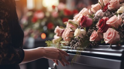Obraz premium Photo of a person paying their final respects by placing flowers on a casket
