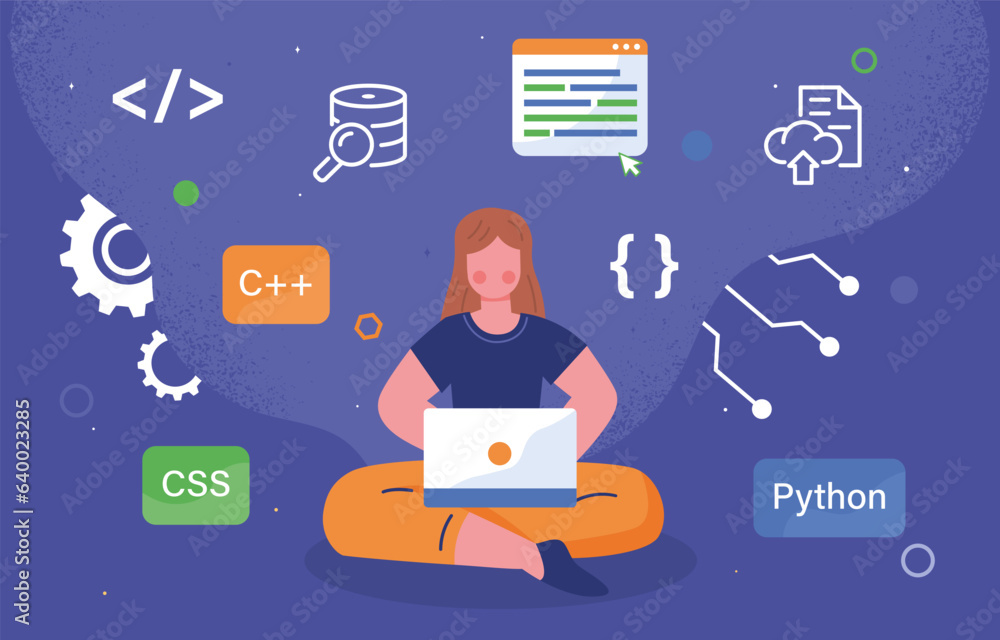 Poster woman programming concept. young girl sitting in lotus position with laptop. programmer and it speci