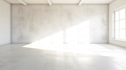 Minimalistic Sunny White Room with Blank Wall and Sunny Window. Bright Warm Tones, Mock Up.