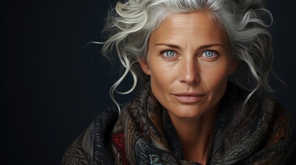 Elegant and stylish portrait of retirement age woman, anti-ageing, older age, gray colored hair, glamour, elderly fashion , confident personality, attractive maturity, older generation .