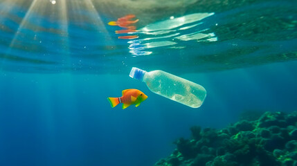 A fish and garbage plastic bottle in the water. Plastic pollution. Save nature. Stop ocean plastic contamination. Environmental ocean pollution. Underwater view.