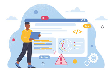 Man programming software concept. Programmer and IT specialist writes code for website page. Developer of programs and mobile applications. Update of OS. Cartoon flat vector illustration