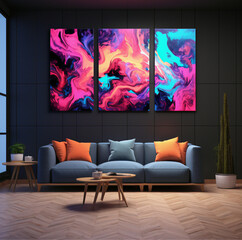 4 piece seamless colorful neon abstract 4k art, Three neon paintings inside a room, black walls, a blue sofa, a small table