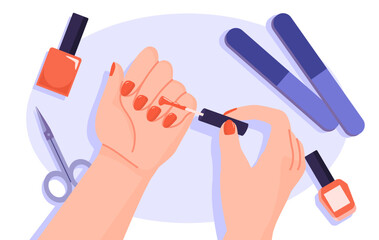 Red nails concept. Woman applying varnish at her fingernails with help of brush. Make up and cosmetics. Beauty and elegance, aesthetics. Scissors and saws. Cartoon flat vector illustration