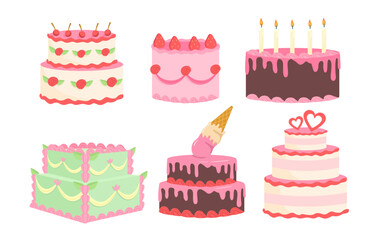 Set of cakes concept. Dessert and delicacy for holiday and festival. Sweet products and homemade bakery with chocolate glaze. Cartoon flat vector collection isolated on white background