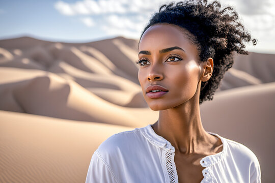 Sahara Serenity: Captivating Portrait of an Elegant Black Woman Embracing the Desert Landscape, ai generative