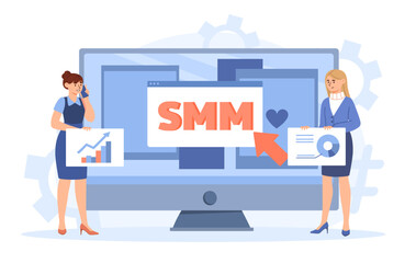 Team of SMM managers concept. Women with graphs and diagrams. Promotion on Internet and social networks. Analysis of user behavior and traffic at webpage. Cartoon flat vector illustration