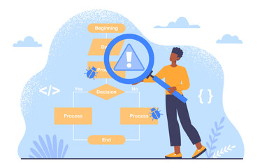 Software tester with loupe concept. Man with magnifying glass look at application or program structure. Programmer and IT specialist searching for bugs. Cartoon flat vector illustration