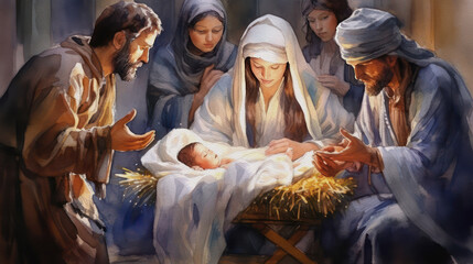 Nativity scene, Christmas watercolor, generative ai - obrazy, fototapety, plakaty
