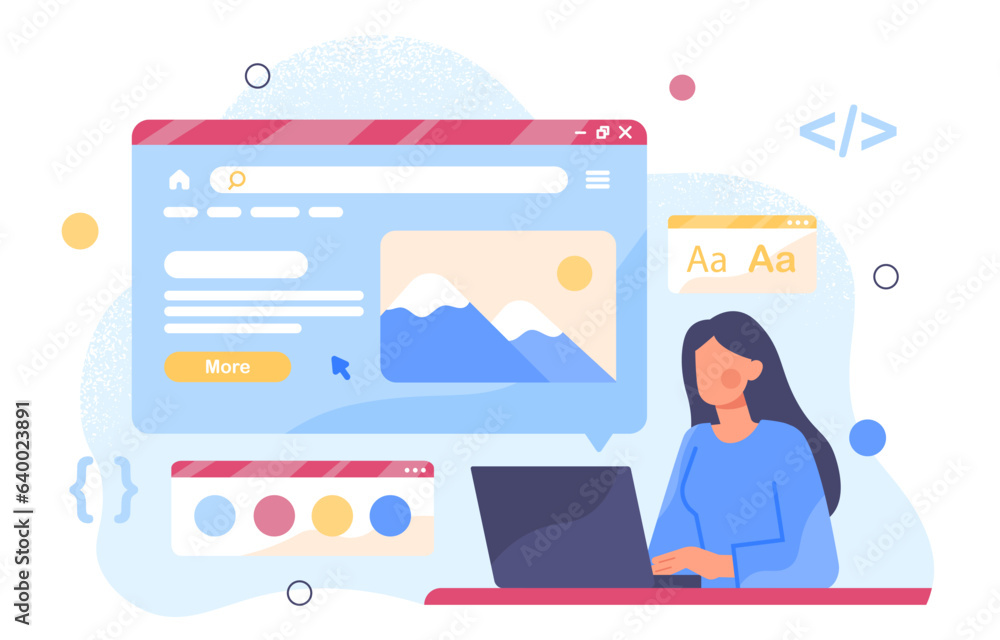 Poster ux and ui designer cocept. woman behind laptop developing interface for website page. graphic design