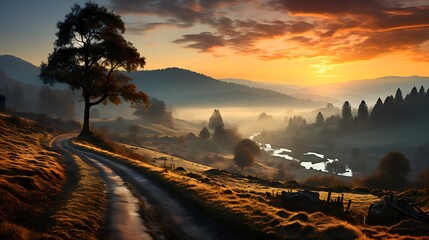 Autumn scenic mood of forests, rivers, hiking trails in calm mood and solitude. In the distance a breathtaking landscape at sunrise and sunset. - Generative AI