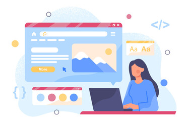 UX and UI designer cocept. Woman behind laptop developing interface for website page. Graphic designer and freelancer at workplace. Creativity and art. Cartoon flat vector illustration