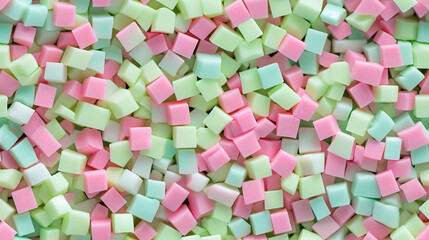 little gummies in pieces, pink, green, white, blue, pastel colors