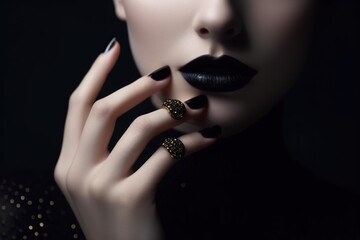 Beauty fashion model with black makeup. Fashionable black manicure with caviar. Manicure. Dark lipstick and nail polish. Isolated on black background. generative AI