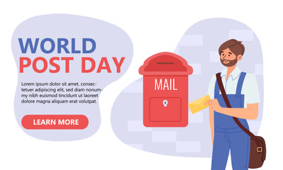 World post day banner. Man in uniform near mail and post service. International communication and interaction. Friendly correspondence. Holiday and festival. Cartoon flat vector illustration