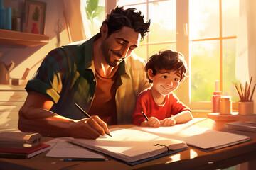 Happy family, father and child doing homework together. High quality photo