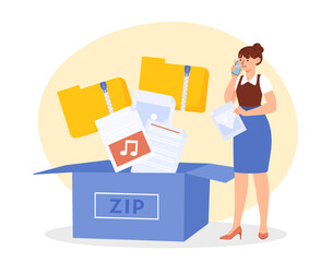 Woman with zip files concept. Young girl with mail and post. Employee sends documents. Electronic storage and archive, cloud service. Poster or banner. Cartoon flat vector illustration