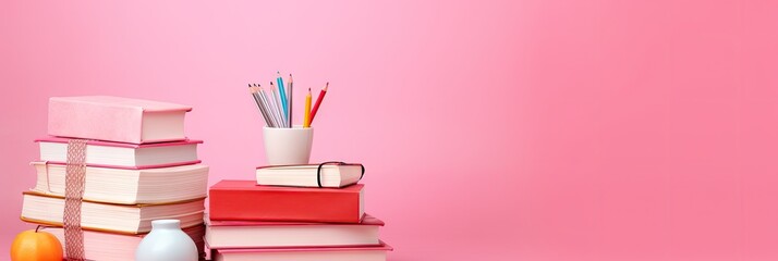 school backpack filled with books, pencils, and school supplies for back to school on flat background with copy space