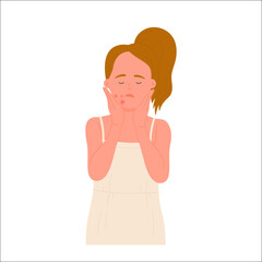 Sad girl with facial skin allergy. Rash on face, allergic reaction, acne pimples flat vector illustration