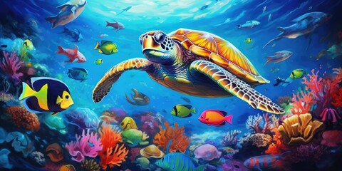 Fototapeta na wymiar sea turtle swimming underwater in the blue ocean with colorful fish and coral