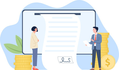 Fototapeta premium Contract signing with professional worker. Business deal, taxes or digital agreement for job. Flat vector corporate concept