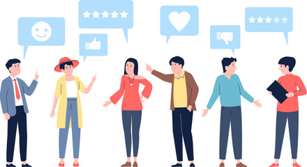 People grading. Satisfying customers, review and comments. Person giving rate or feedback. Social media likes, clients discuss recent vector characters - obrazy, fototapety, plakaty